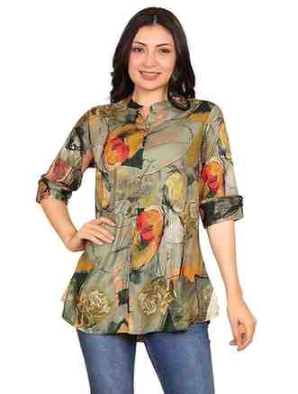 FIMS - Fashion is my style Rayon Abstract Printed Short Kurti for Women, Tunics Tops, Ethnic Wear for Office, Flared, Mandarin Collar V Neck, Roll-Up Sleeves, Summer Wear, Ideal Gift for Girls